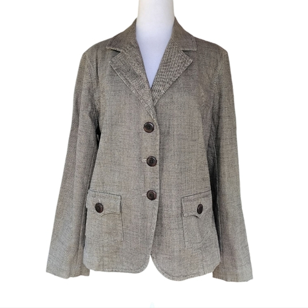 Talbots Notched Collar Herringbone Cotton Blend 3 Button Blazer Black Cream XL